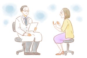 診察を受ける女性患者と男性医師のイラスト