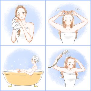 入浴をする女性・頭皮マッサージと髪を洗う女性のイラスト