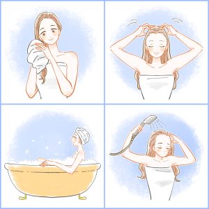 入浴をする女性・頭皮マッサージと髪を洗う女性のイラスト
