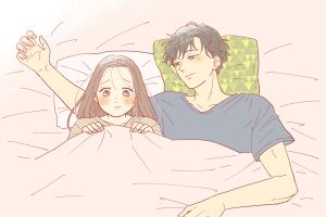 腕枕をする男性と恥ずかしがる女性のイラスト