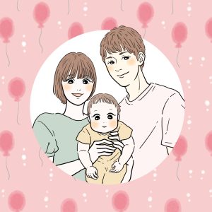 オシャレな夫婦と赤ちゃんの家族似顔絵イラスト