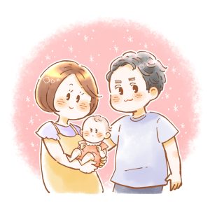 可愛い夫婦と赤ちゃんの家族似顔絵イラスト