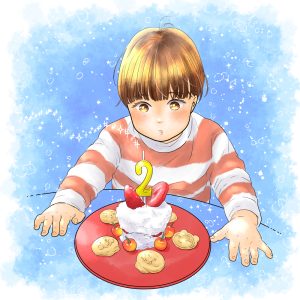 ケーキのロウソクを吹き消す子どもの似顔絵イラスト