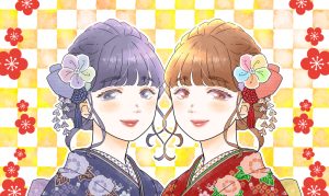 振袖の着物を着た可愛い女性のイラスト